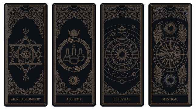 Set of four mystical tarot cards with intricate gold line art depicting sacred geometry, alchemy, celestial zodiacs and occult symbols, symbolizing esoteric wisdom and spiritual growth