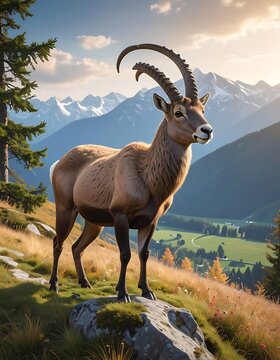A large horned goat standing on a rock in a mountainous landscape