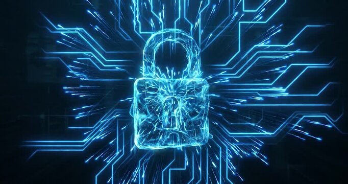 Cyber security padlock data protection network digital encryption glowing abstract blue circuit concept, futuristic hologram padlock icon on dark circuit board background for online privacy security