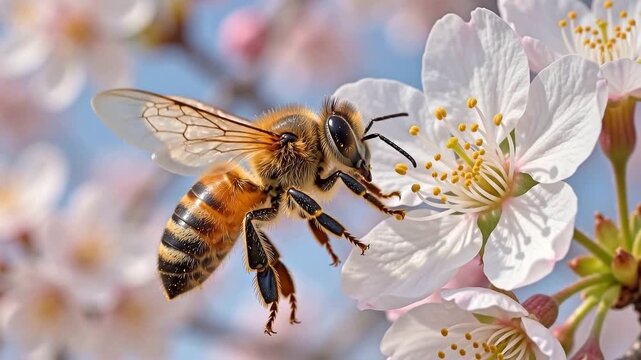 Honeybee Flying Towards White Cherry Blossom Flower