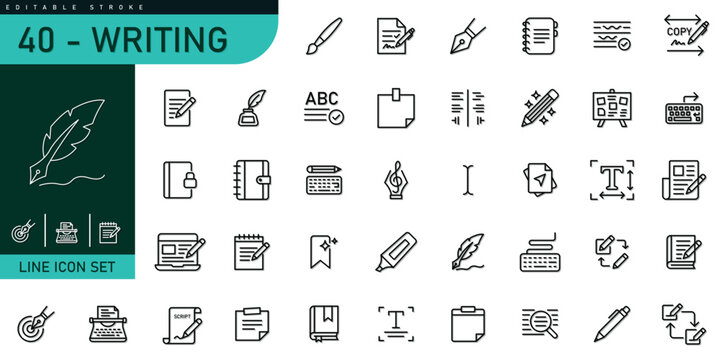 Professional Writing Line Icon Set featuring copywriting, blogging, content creation, editing, author tools, notebook, pen, notes app, typography and UI UX design editable vector illustration