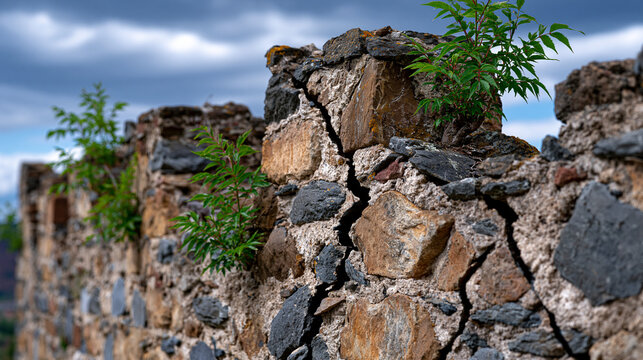 Ruined drawbridge tower gatehouse masonry fractures along historic mortar coursing, battlemented parapet stones displaced by root pressure from self-seeded ash saplings, dramatic cloudscape casting 