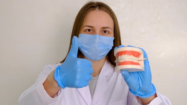 A dentist shows a model of a jaw. Selective focus.