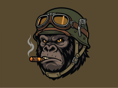 Tough Gorilla Soldier Wearing Military Helmet and Smoking Cigar Illustration.