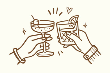 Cheers or drinking toast drawing. glass of red wine. Birthday party or bachelorette celebration with friends. Wine, champagne, prosecco, sangria cocktail vector cartoon illustration © winner 