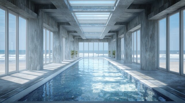Indoor lap pool situated within contemporary brutalist architecture overlooking a bright oceanfront