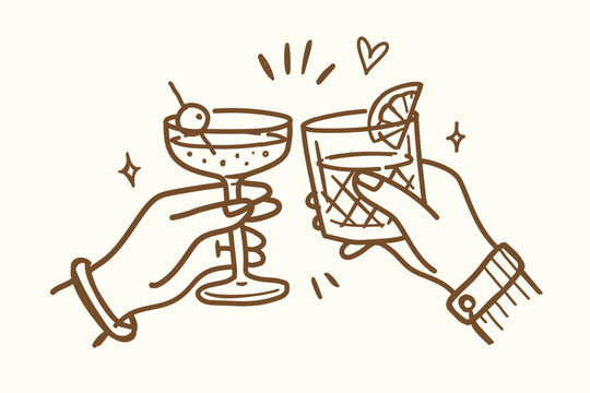 Cheers or drinking toast drawing. glass of red wine. Birthday party or bachelorette celebration with friends. Wine, champagne, prosecco, sangria cocktail vector cartoon illustration