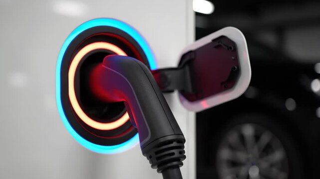 Electric Vehicle Charging Cable Plugged into a White Station with Glowing Blue and Red LED Rings
