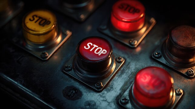 Close up of industrial emergency stop buttons with dramatic lighting, metallic textures and warning colors, modern factory atmosphere, ultra