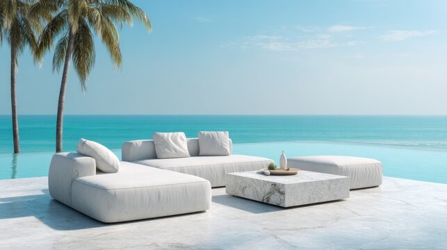Luxurious outdoor seating arrangement rests beside a tranquil ocean infinity pool with palm trees overhead.