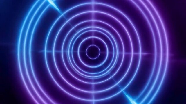 Abstract glowing concentric circles with vibrant light beams radiating outward