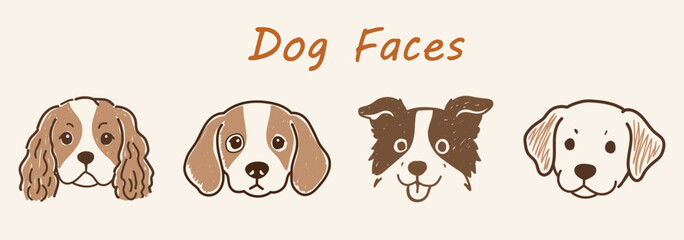 Obraz premium Cute Dog Faces Doodle Vector Set with Adorable Puppy Characters, Hand Drawn Pet Portrait Collection for Kids Design and Animal Lovers