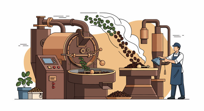 Illustration of a Coffee Roasting Machine with Worker.