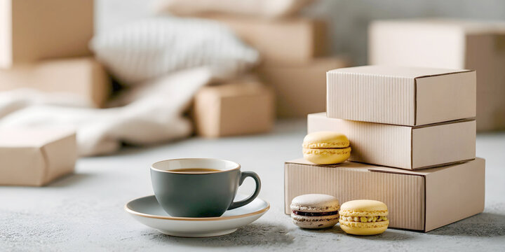 a cozy coffee break featuring a dark grey cup and saucer alongside delicate macarons next to a neat stack of cardboard delivery boxes