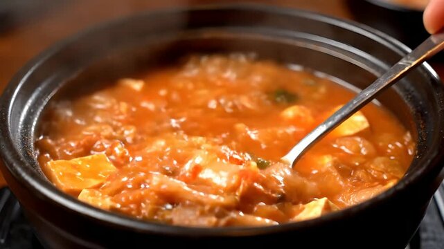 Delicious Korean Kimchi Stew Simmering in a Pot with a Spoon.