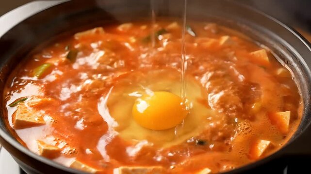 Delicious Korean Kimchi Stew with Tofu and Egg Cooking Process.