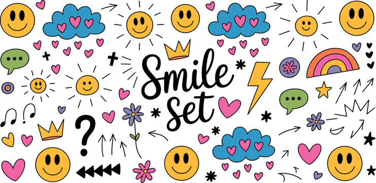 Retro groovy sticker set with happy smiley faces rainbows clouds hearts lightning bolts stars and flowers for design elements