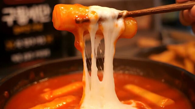 Delicious Korean Tteokbokki with Stretchy Cheese Pull.