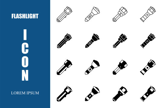 Vector icon. Collection of black flashlight Icons set on white background vector illustration. Vector stock.