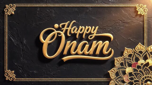 Golden happy onam animation with elegant mandala and light rays. 4K Video