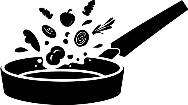Cooking utensil shown in profile flips fresh produce high above its open surface