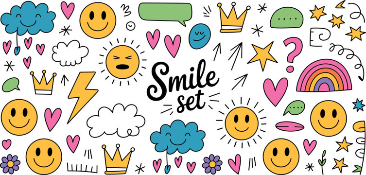 Retro groovy sticker set with happy smiley faces rainbows clouds hearts lightning bolts stars and flowers for design elements