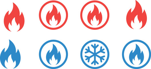 Hot and cold element icon set featuring red fire flames blue flames and a winter snowflake vector illustration © MdAbdur