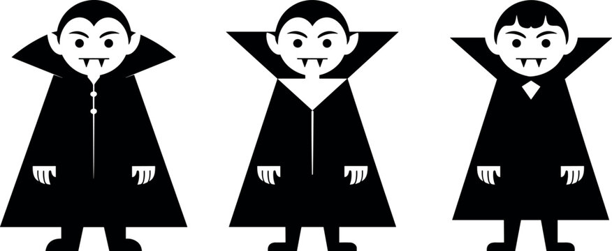 Cute Halloween vampire vector characters set with spooky dracula silhouettes wearing capes for festive holiday decoration