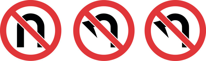 No u turn traffic sign set featuring red prohibition circles and black curved arrows isolated on white background vector illustration © MdAbdur
