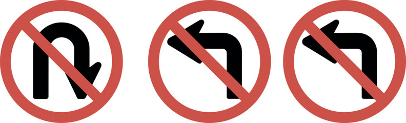 No u turn traffic sign set featuring red prohibition circles and black curved arrows isolated on white background vector illustration © MdAbdur