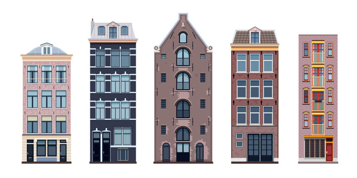 Traditional architecture of Amsterdam, Netherlands. Famous dancing houses in a row. Old town buildings along water channels. Isolated on white background. Vector illustration