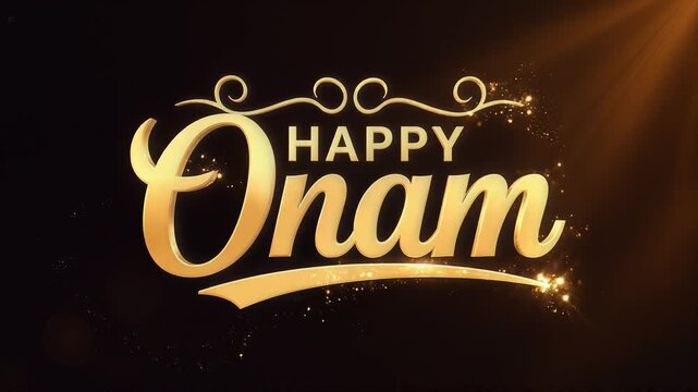 Happy onam greeting animation in golden text with glitter rays
