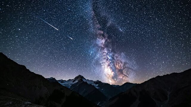 Night sky view over mountain range with stars and galaxy