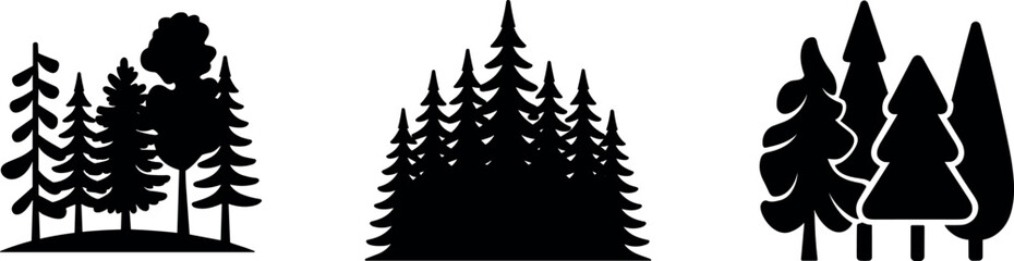 Fototapeta premium Forest trees silhouette vector icons set showing black pine spruce fir and deciduous woodlands isolated on white background for nature designs
