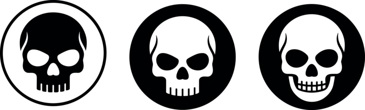Human skull round vector icons set showing aggressive silhouette and negative space badges for Halloween danger warning or tattoo designs