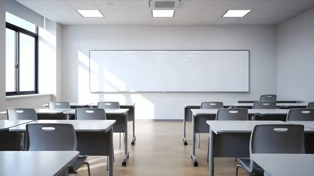 Empty Classroom with Whiteboard and Desks Ready for Learning.