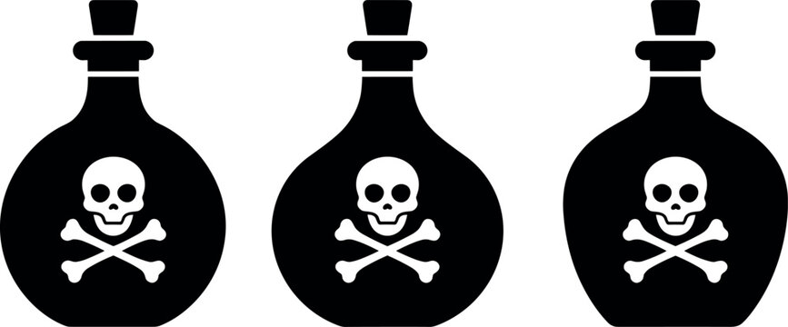 Poison bottle flask vector icons set showing black glass silhouettes with toxic skull and crossbones labels for danger warnings