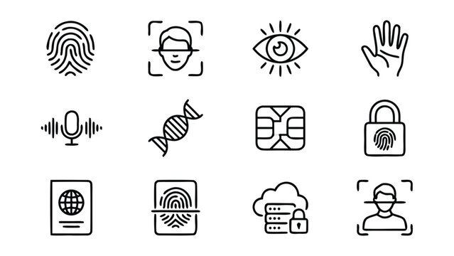 Set of 12 Biometric and Fingerprint Security Line Icons in Minimalist Vector Style Featuring Finger Scan, Retina Identification, Face Recognition, and Digital Privacy Lock Symbols for Safety.