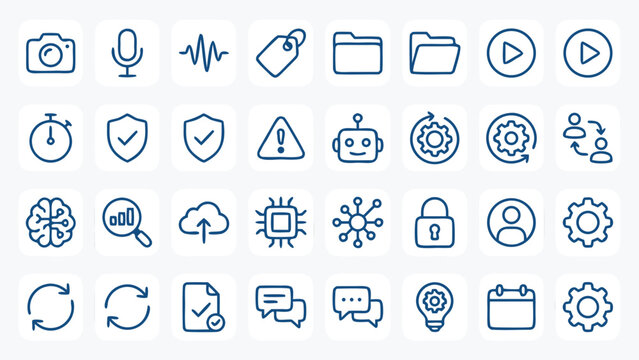 Comprehensive set of twenty-four unique vector icons for AI data automation agents, featuring camera lenses, microphones, neural networks, machine learning algorithms, and modern smart tech solutions.