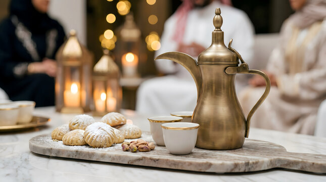 Premium Saudi Eid hospitality scene featuring a golden Dallah coffee pot, traditional Ma'amoul cookies, and finjan cups on a marble board with warm festive background.