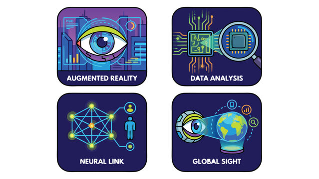 Futurist cybernetic eye vision flat vector set showcasing futuristic retinal scanning, digital interface overlay, artificial intelligence ocular tech, and robotic iris bionic augmentation.