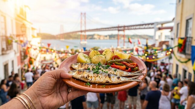 M&atilde;o a Segurar Prato com Sardinhas Assadas, Batatas Cozidas e Pimentos Assados, com a Ponte 25 de Abril e o Rio Tejo em Lisboa. Santo Ant&oacute;nio