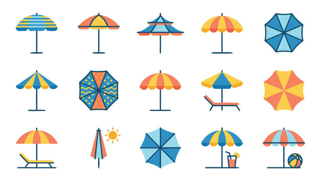 Set of 12 minimalist geometric summer beach vacation umbrella icons in various colors, ideal for travel agencies, holiday planning websites, resort maps, and seasonal tourism advertising.