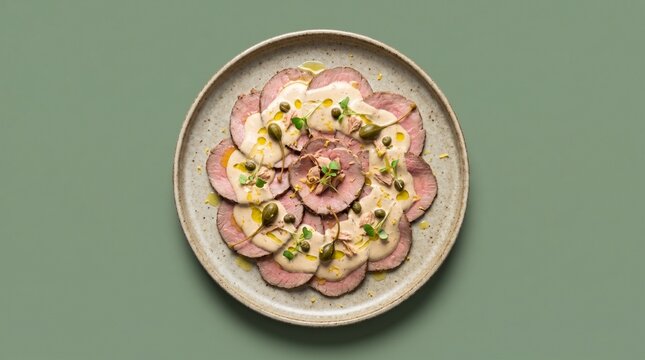 Overhead view of Vitello Tonnato with copy space on sage green background