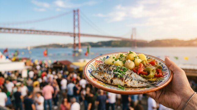 M&atilde;o a Segurar Prato com Sardinhas Assadas, Batatas Cozidas e Pimentos Assados, com a Ponte 25 de Abril e o Rio Tejo em Lisboa. Santo Ant&oacute;nio