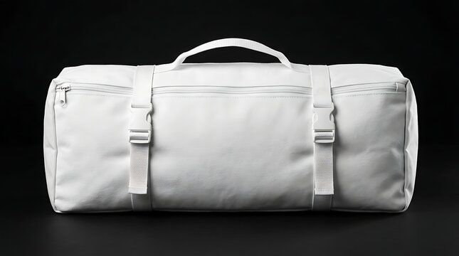 Isolated white camping tent bag mockup with buckled straps on a black surface for outdoor equipment branding design