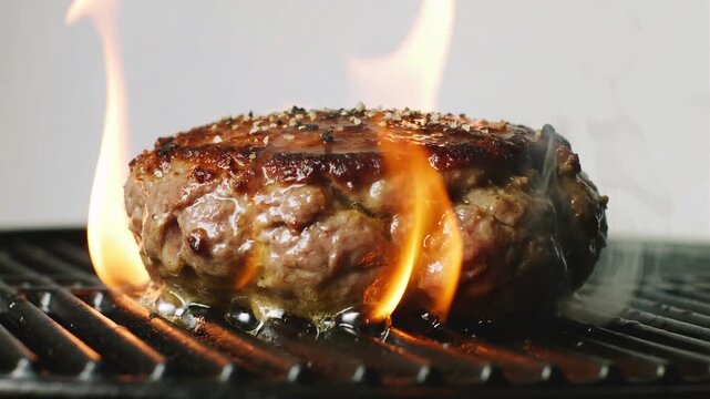 Hamb&uacute;rguer de carne suculento grelhando na brasa com chamas