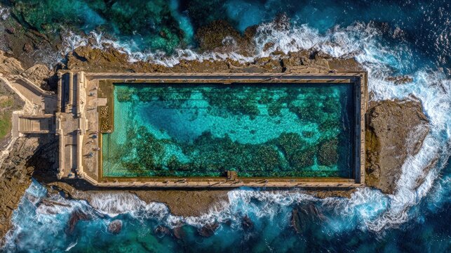 Aerial perspective captures rectangular ocean bath built into rugged coastal rocks under bright daylight