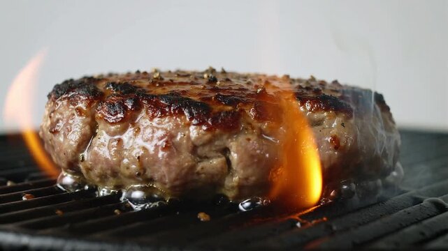Hamb&uacute;rguer de carne suculento grelhando na brasa com chamas