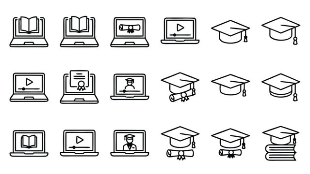 Online Learning Education Vector Icon Set Featuring Laptop and Graduation Cap in Thin Outline Style. Modern Academic Study Elements Arranged in Grid for E-Learning Web Design and Digital School.